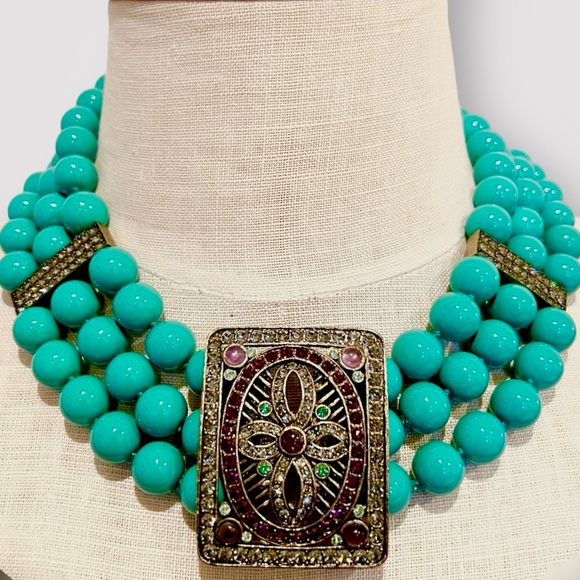 Heidi Daus Jewelry - Heidi Daus Art Deco Triple Strand Turquoise Beaded Necklace Swarovski Crystals